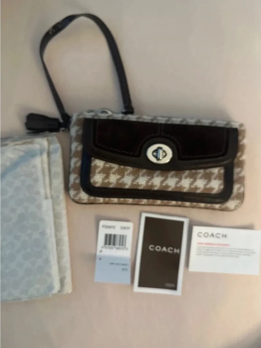 SOLD Coach Beige/Tan Wool Houndstooth Wristlet with Dark Brown Suede and Leather